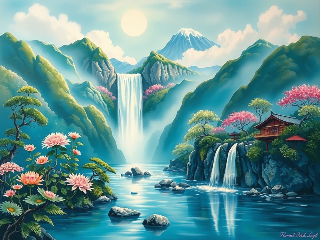 Turquoise Japanese Landscape in Watercolour Style