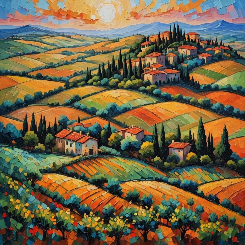 Tuscan Sunset in Neo-Impressionist Style