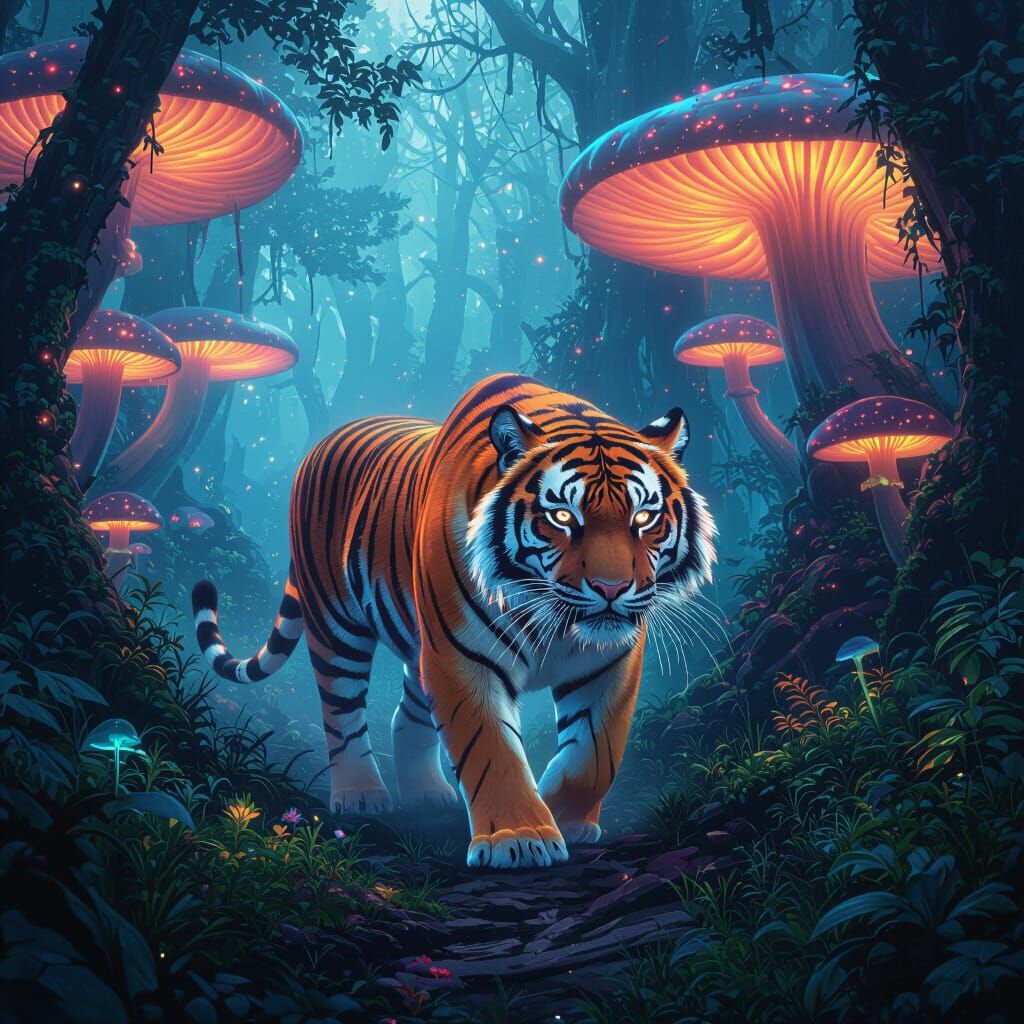 Ethereal Tiger in Bioluminescent Forest, Digital Painting