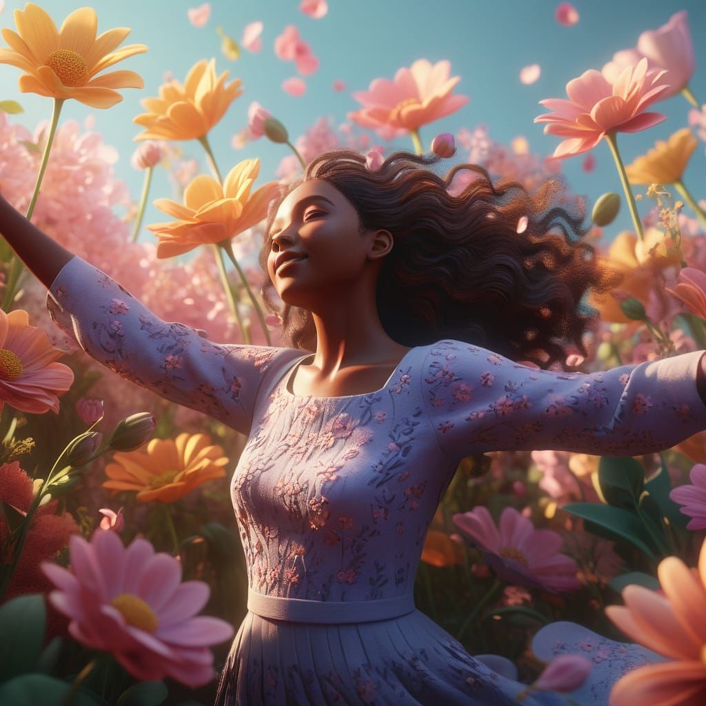 Women Surrounded by Blooming Flowers in Vibrant 3D Art