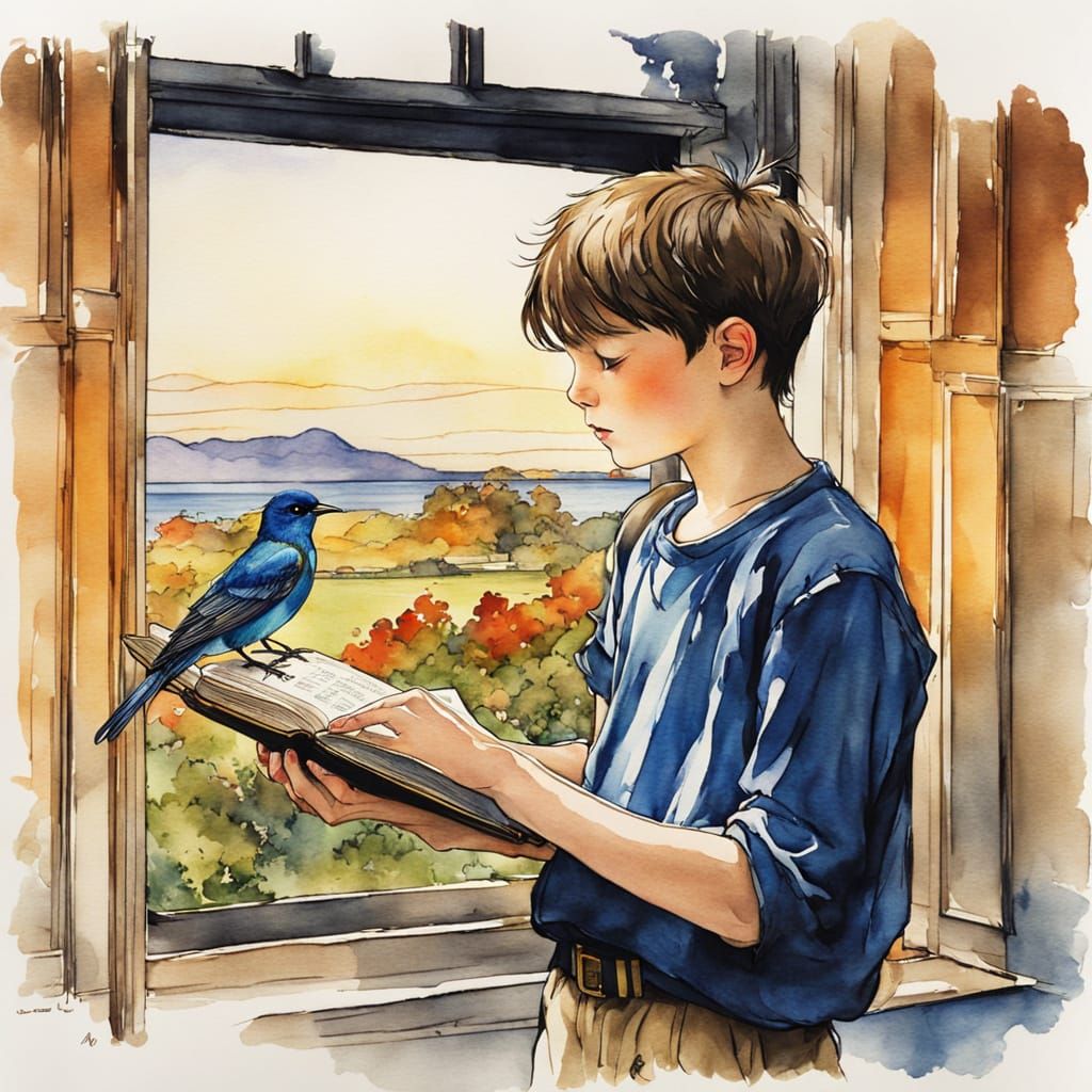 Boy with Book and Songbird, Watercolor and Ink Style