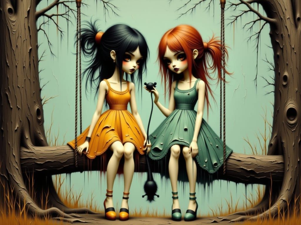 Whimsical Eerie Girls Swing with Rat, Neo-Expressionist Styl...
