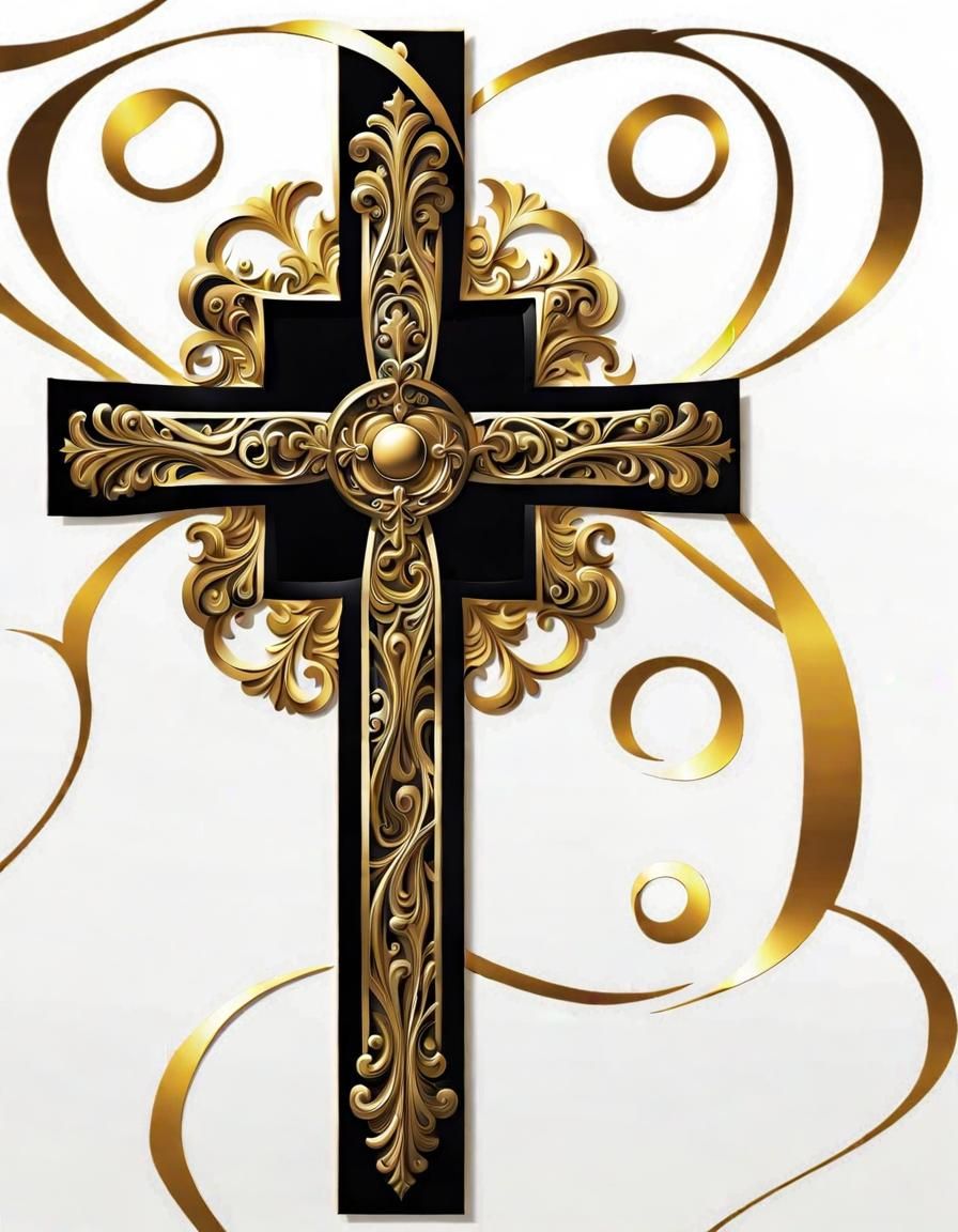 Gold Swirls Christian Cross on White: Abstract Art