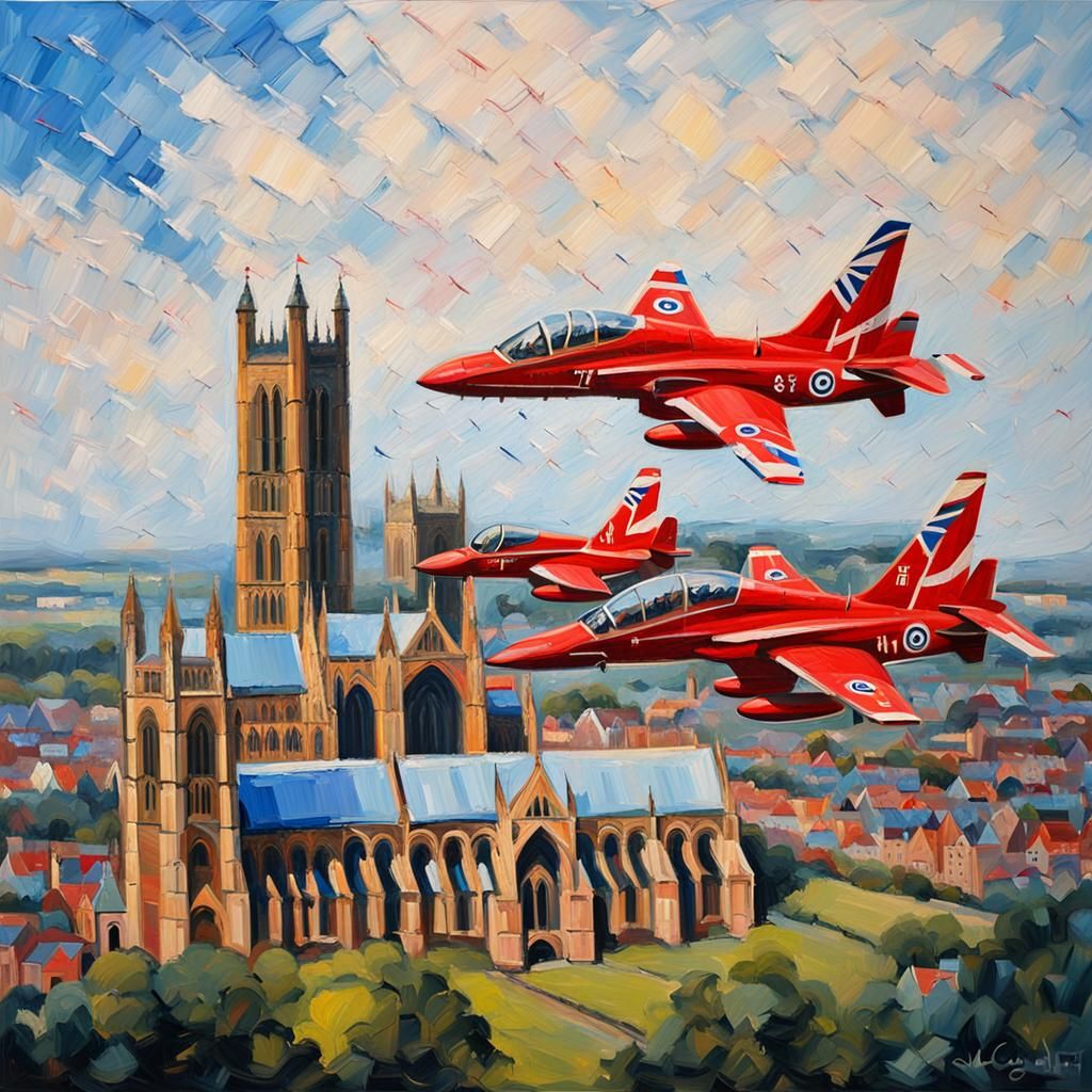 Red Arrows Over Lincoln Cathedral in Expressionist Style
