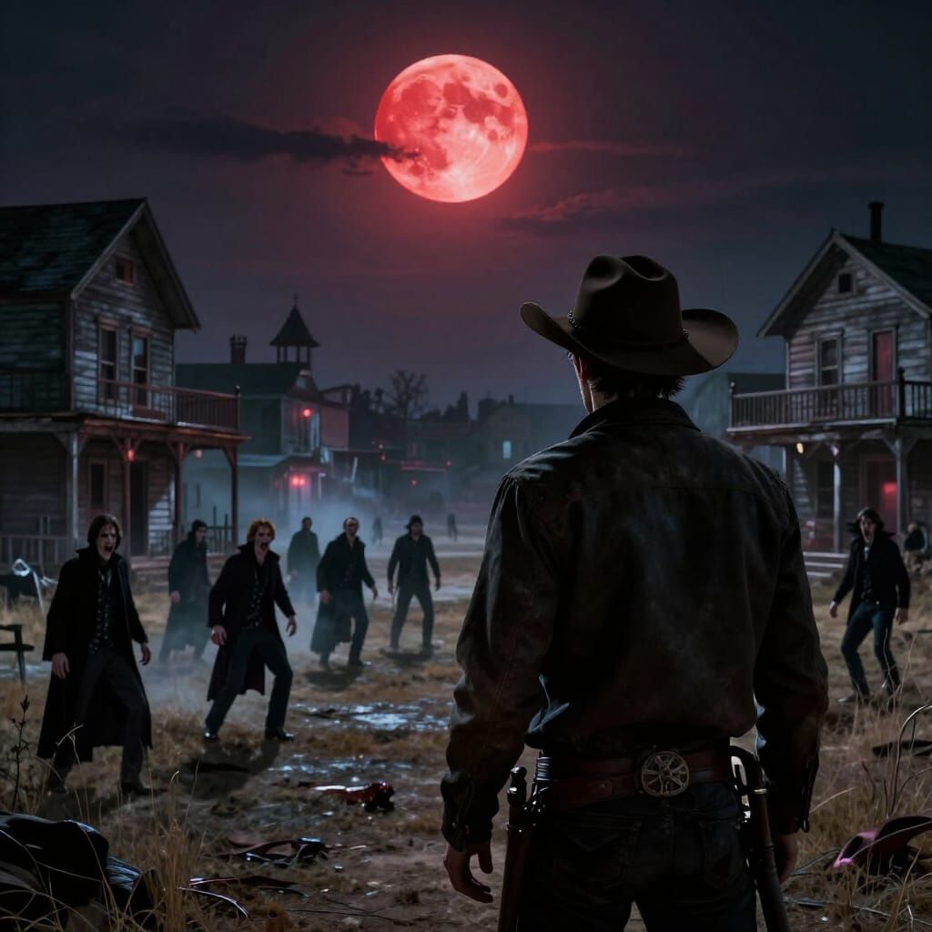 Cowboy Hides from Vampires Under Red Moon