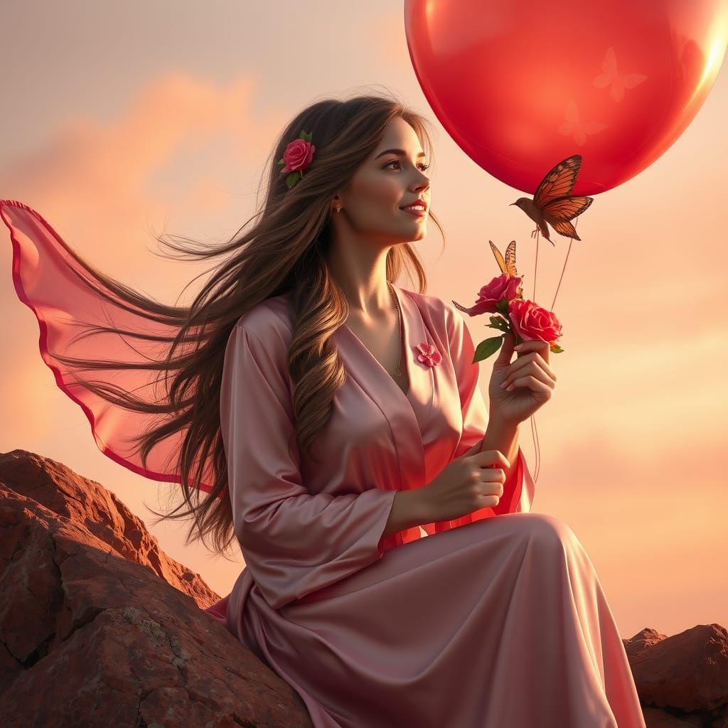 Dreamy Girl with Balloon in Art Nouveau Style