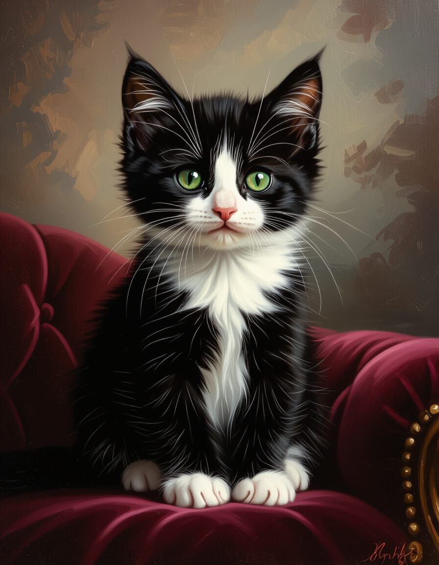 Elegant Tuxedo Kitten on Velvet Cushion Oil Painting