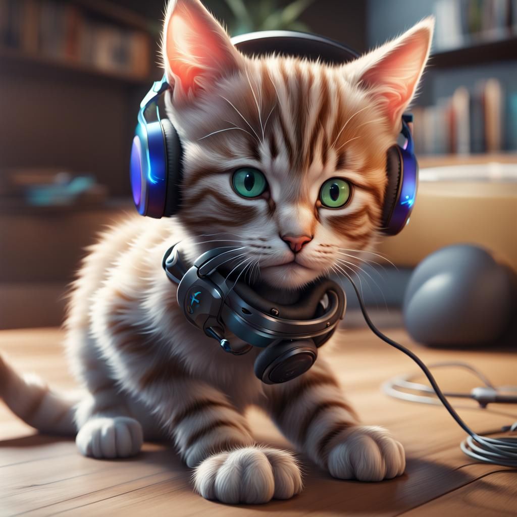 Kitten Gamer with Headset Plays PlayStation: Photorealistic ...