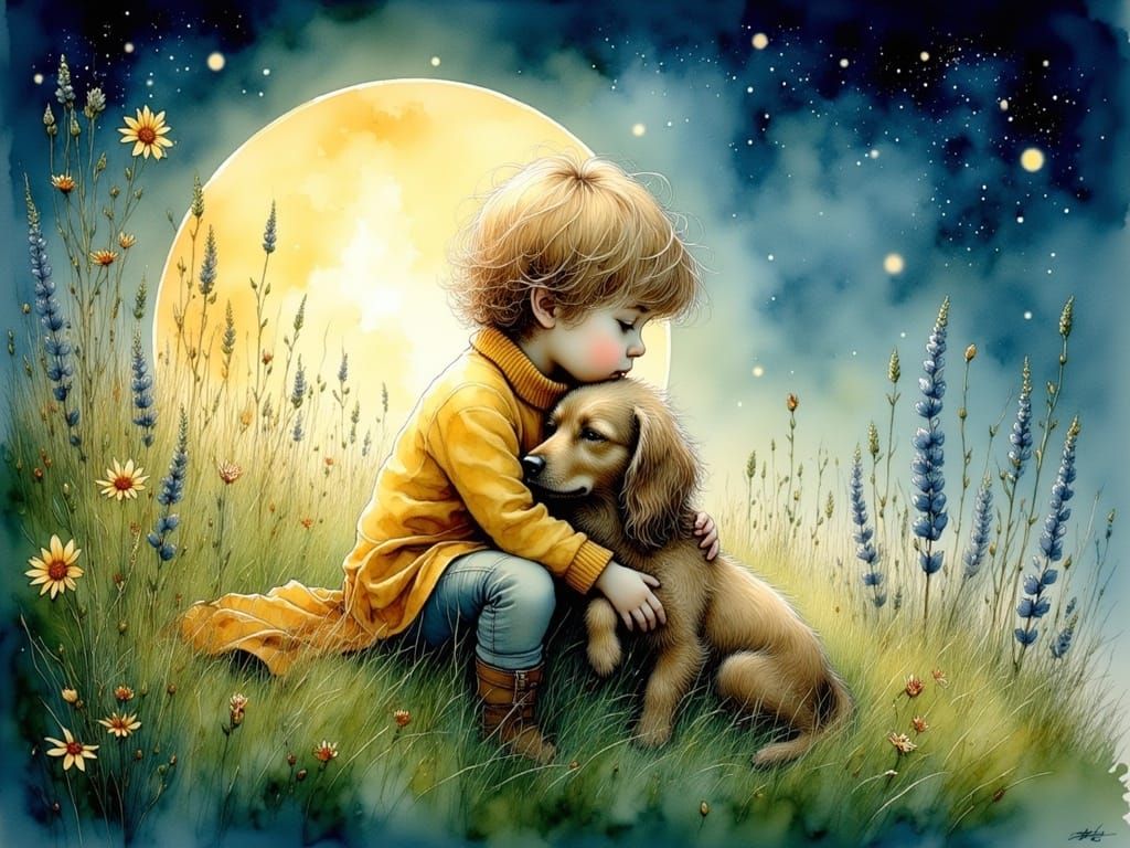 Surreal Watercolor of Child and Dog Under Full Moon