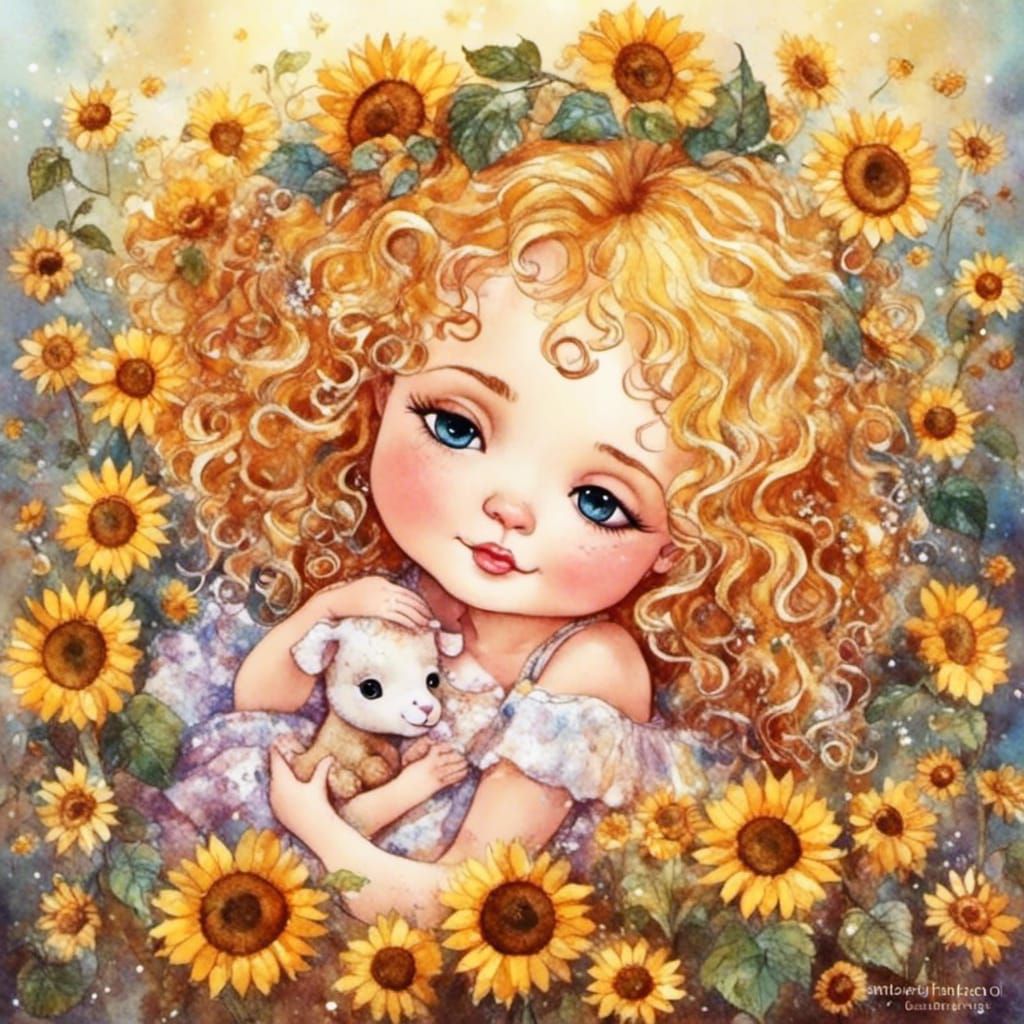 Blonde Baby Girl on Sunflower in Digital Illustration