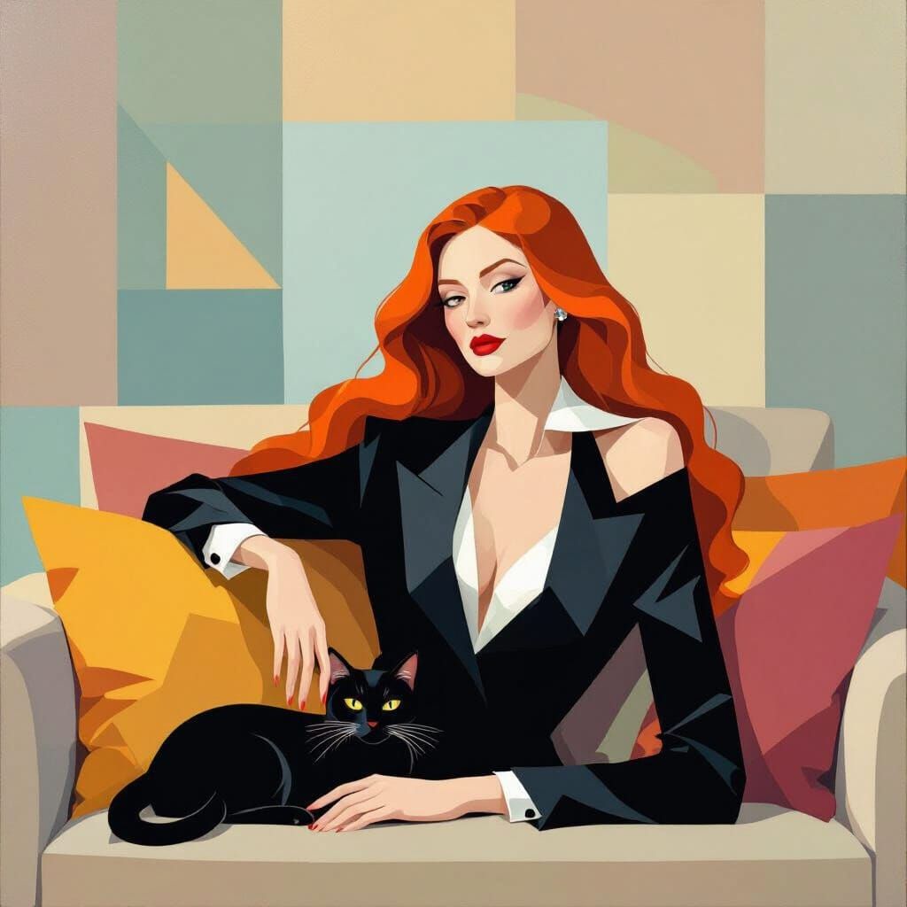 Redhead Woman and Cat on Couch in Cubist Style