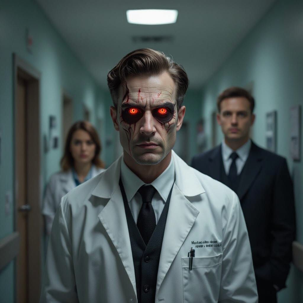 Monster Doctor Confronts Investigators in Dark Hallway