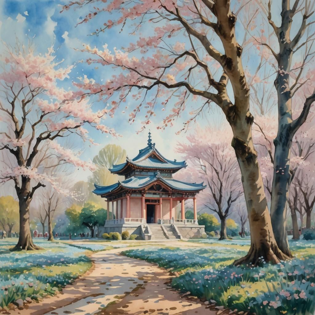 Serene Temple in Cherry Blossoms: Impressionist Watercolor