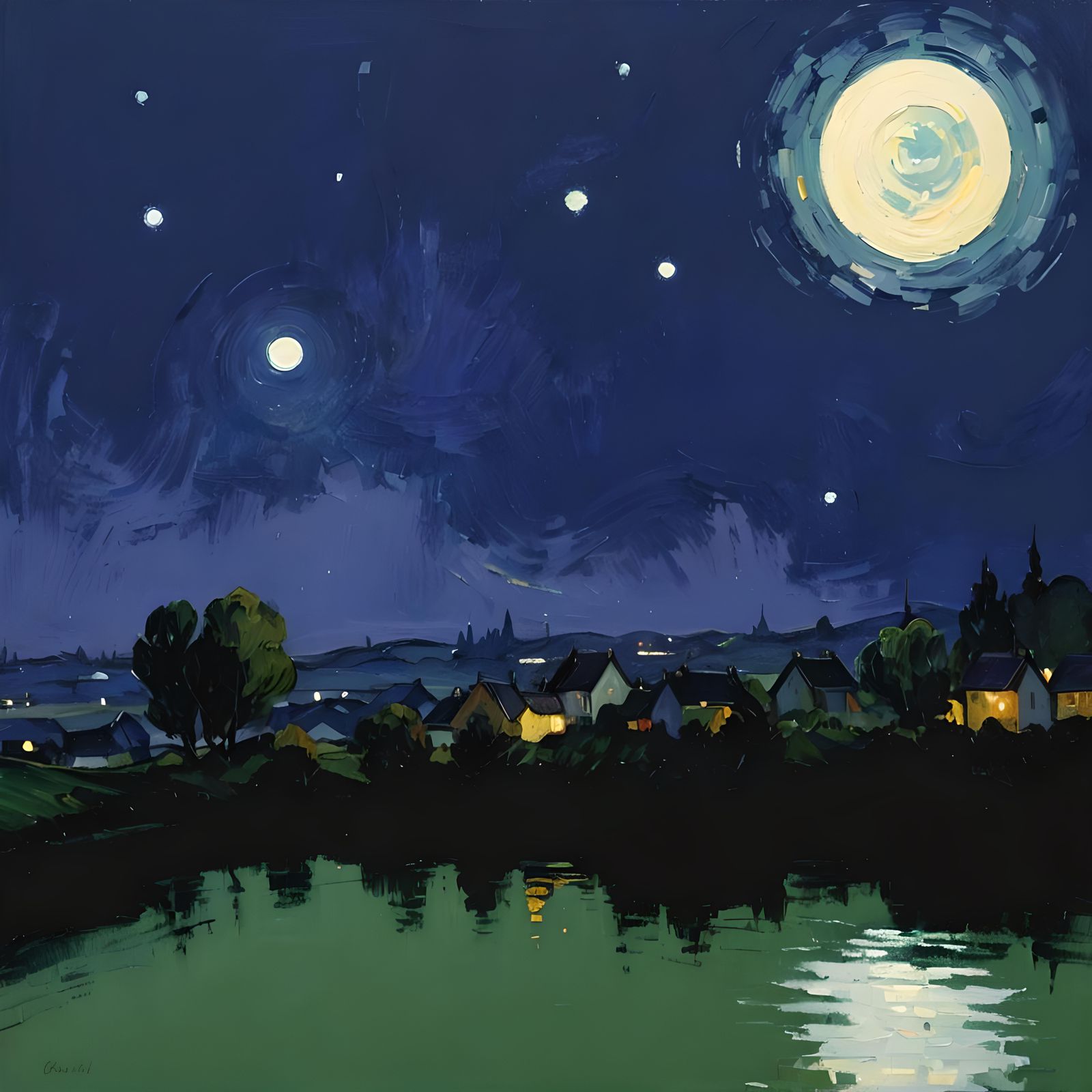 Night Village on Lake in Expressionist Oil Painting