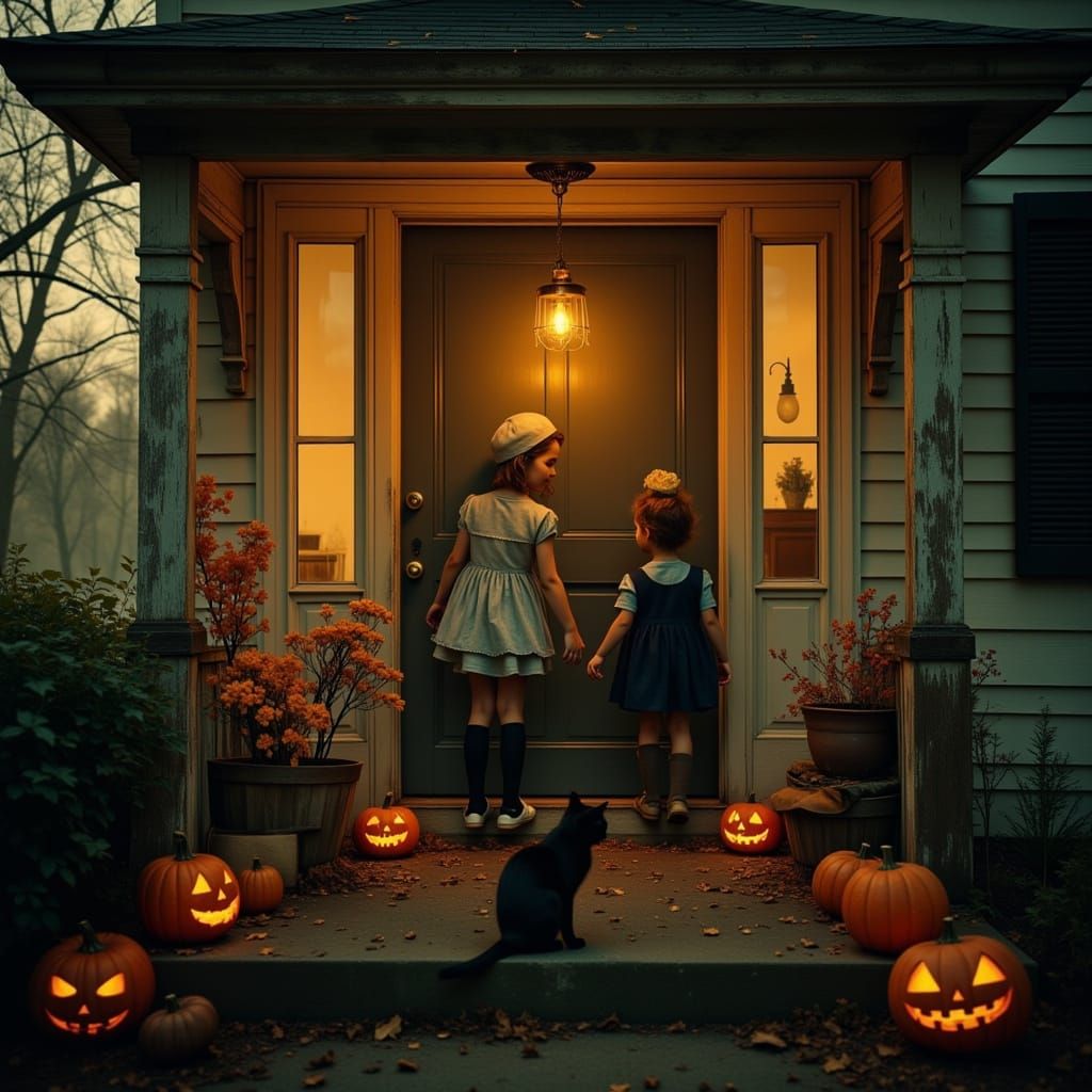 1950s Halloween Trick-or-Treaters on Vintage Porch