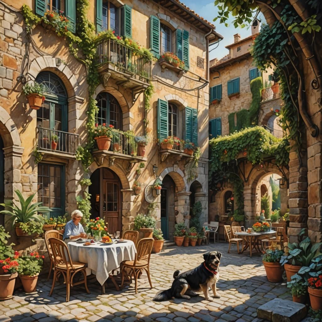 Sunny Italian Villa Garden in Impasto Watercolor