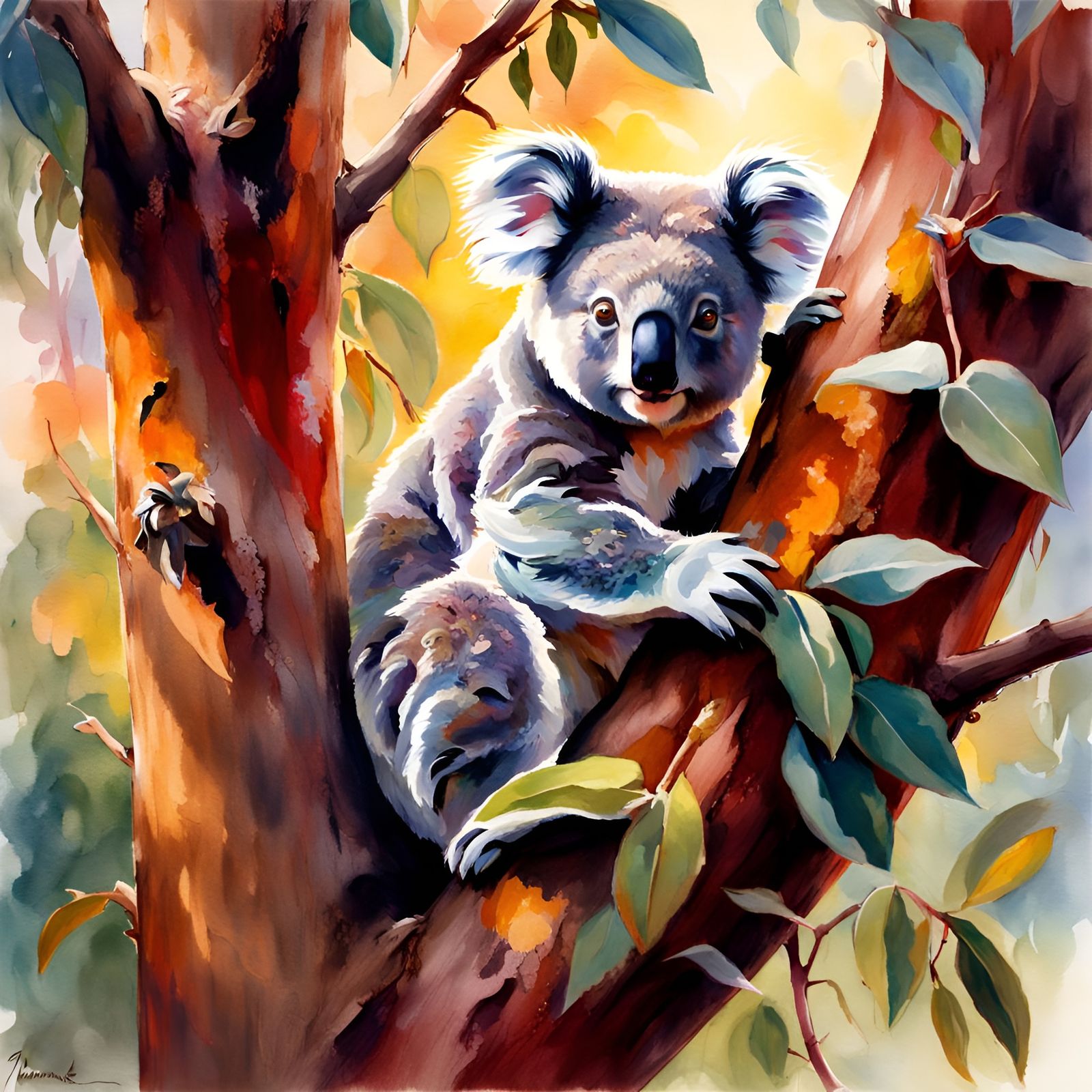Koala Bears in Gum Tree Watercolor
