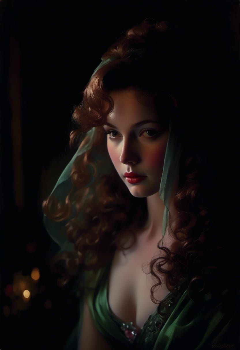 Elegant Redhead in Vintage Gown, Dreamy Art