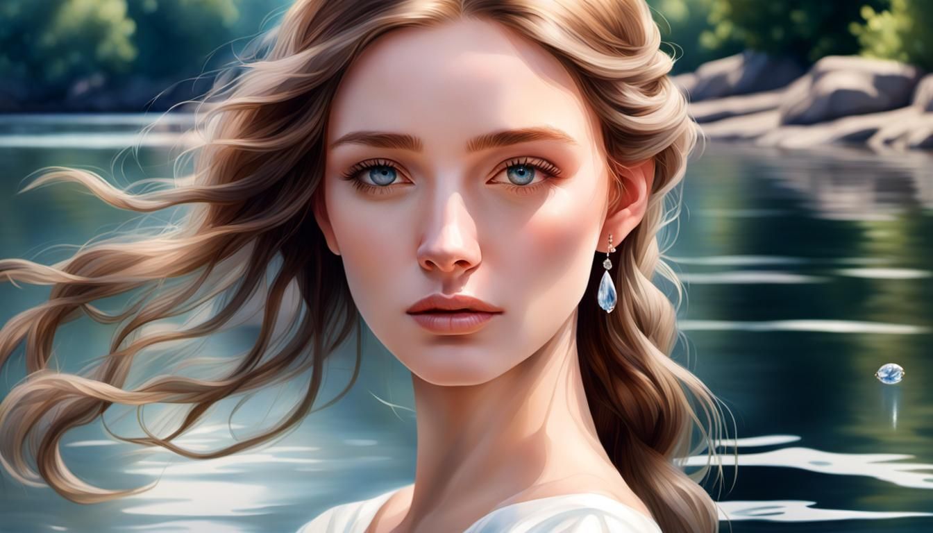 Woman Gazing at River Jewel: Watercolor Portrait