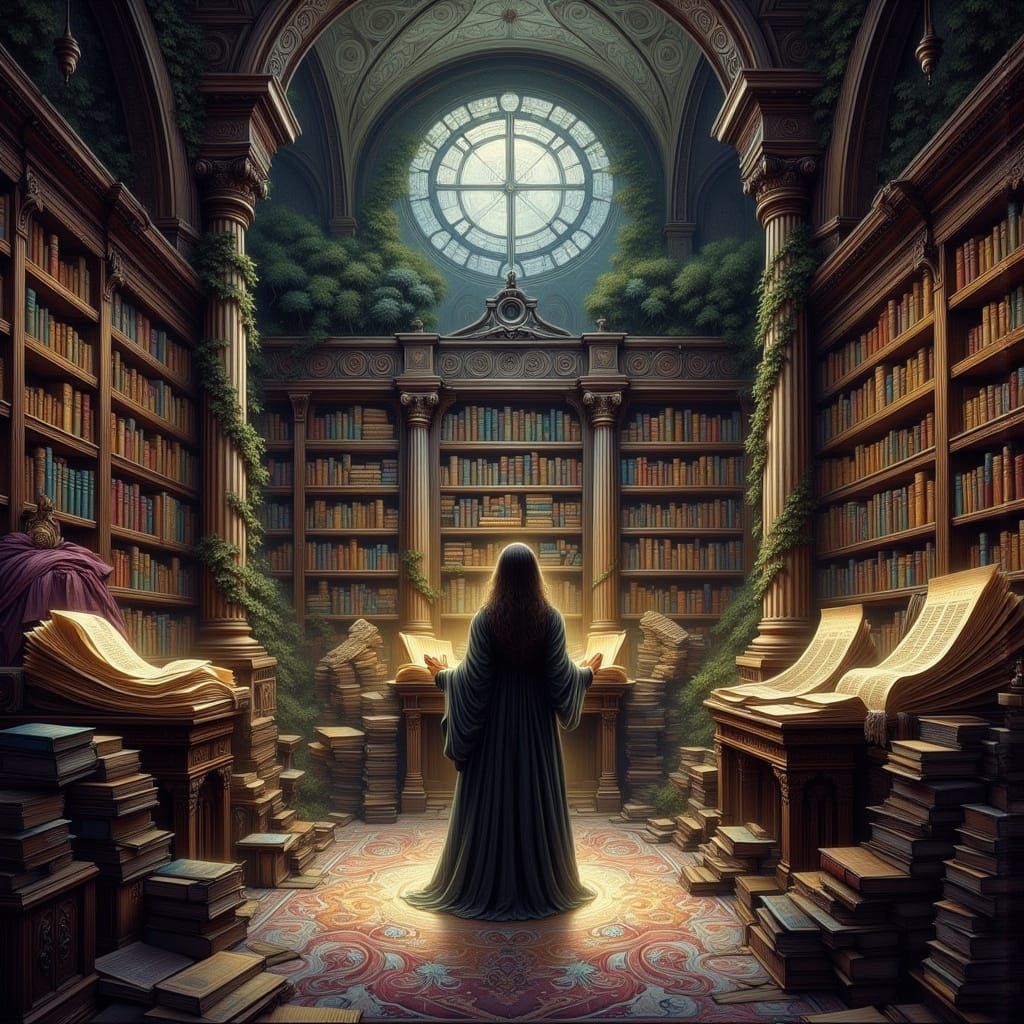 Gothic Librarian in Decaying Fantasy Library