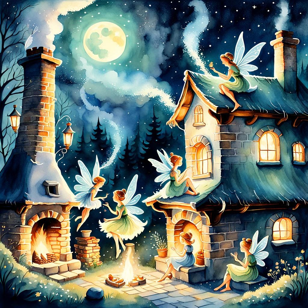 Fairies Warming Toes: Whimsical Watercolor Fantasy