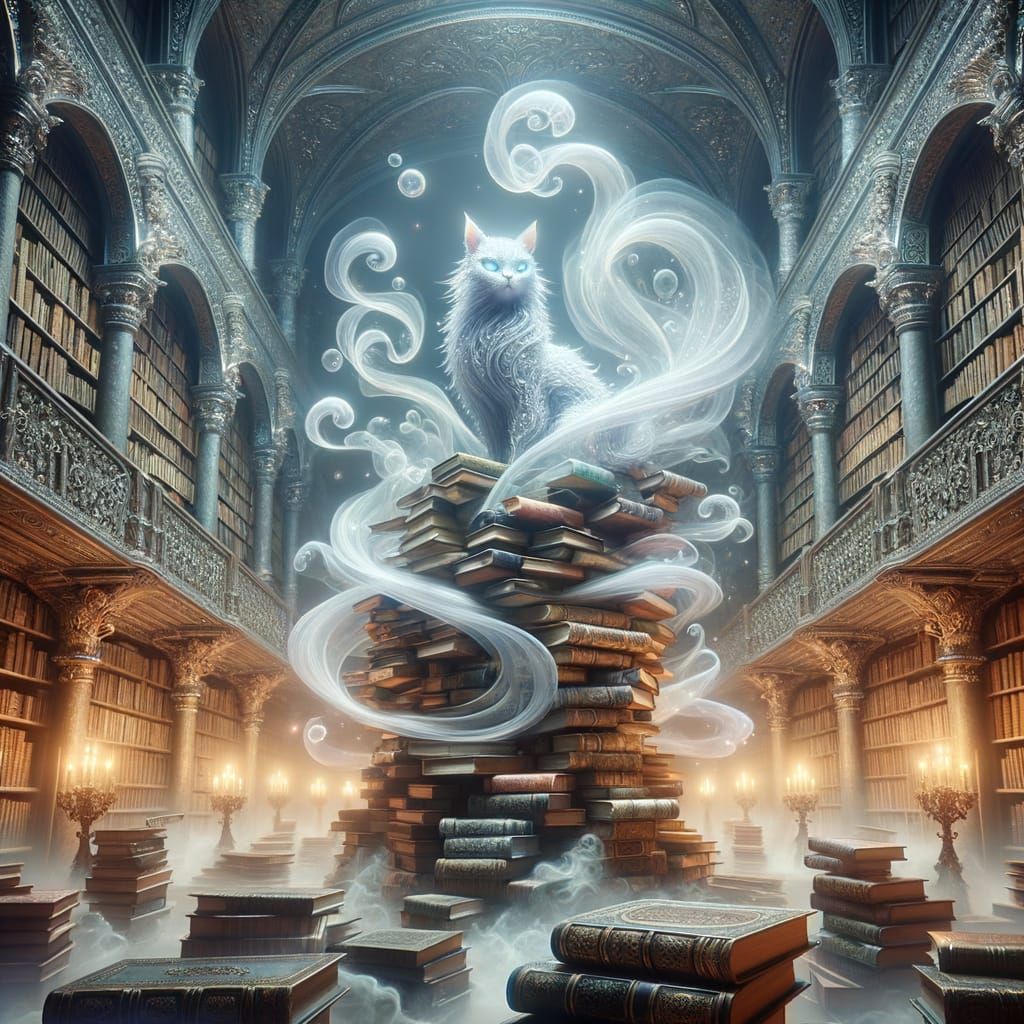 Mystical Library with Floating Books in Digital Art