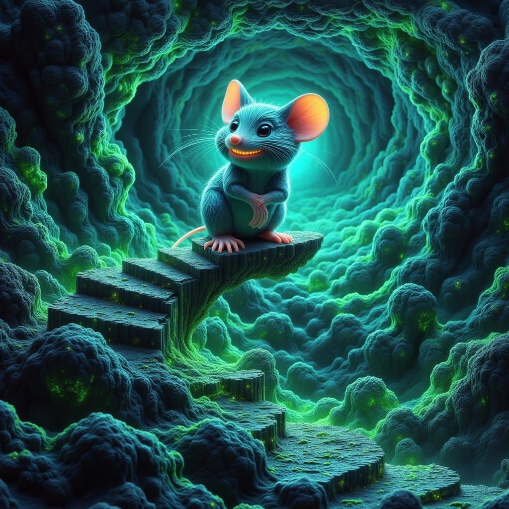 Aqua Chibi Mouse on Staircase of Glowing Stars