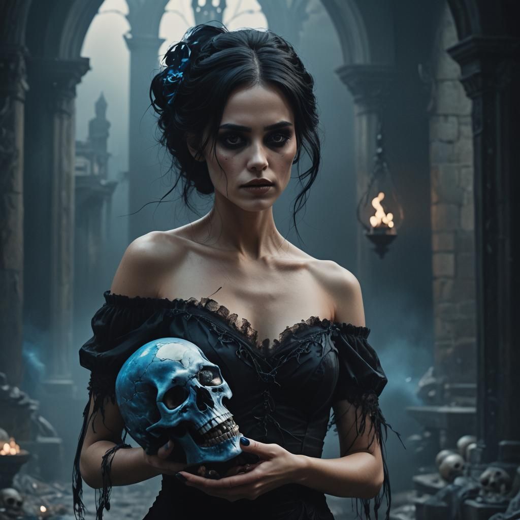 Pretty gothic, black low cut, off the shoulder dress, black hair, black lipstick, black necklace, she is holding a skull...
