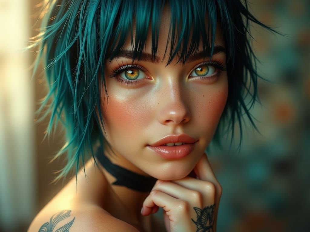K-Pop Idol with Teal Hair and Neon Eyes