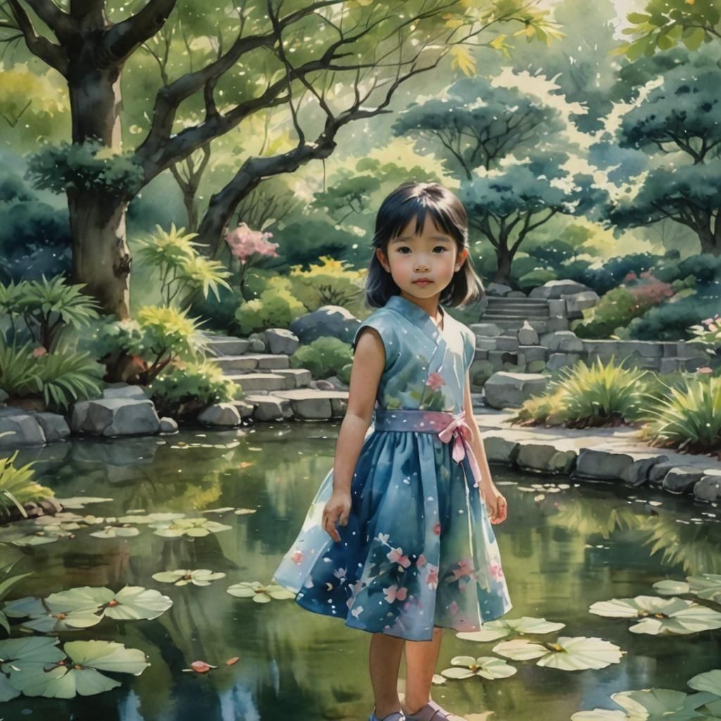 Watercolor Asian Girl in Serene Japanese Garden