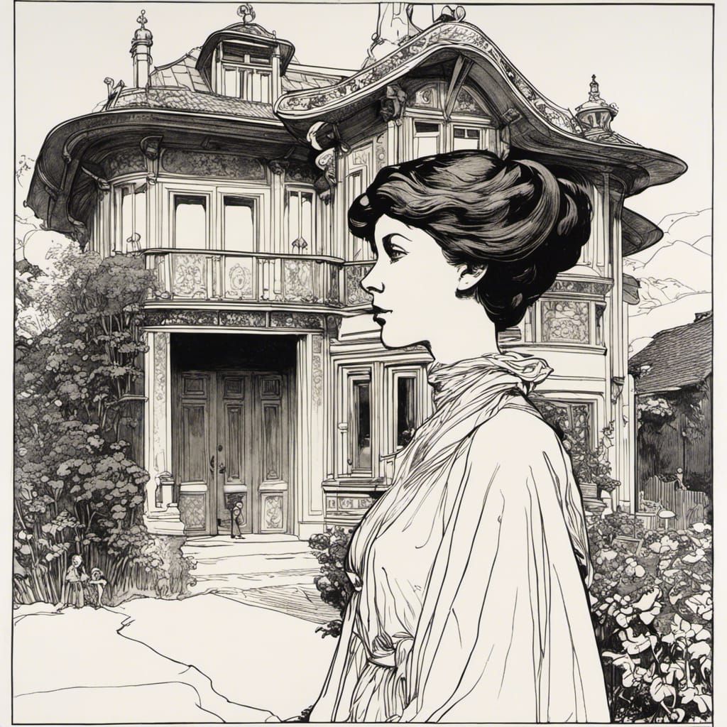 Ink Drawing of Girl in Art Nouveau Style