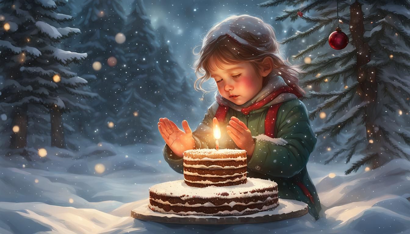 Girl Praying by Christmas Tree in Snowy Weather
