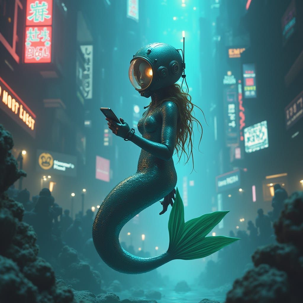 Mermaid in Futuristic Underwater City with iPhone