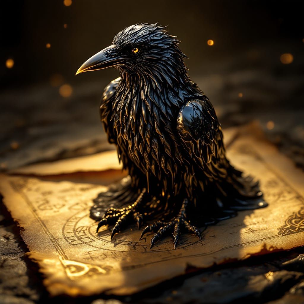 Hyperrealistic Wax Raven on Ancient Parchment