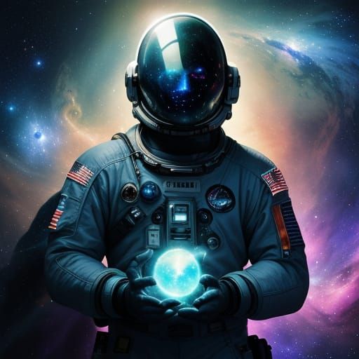 Astronaut Adrift in Luminous Cosmic Nebula