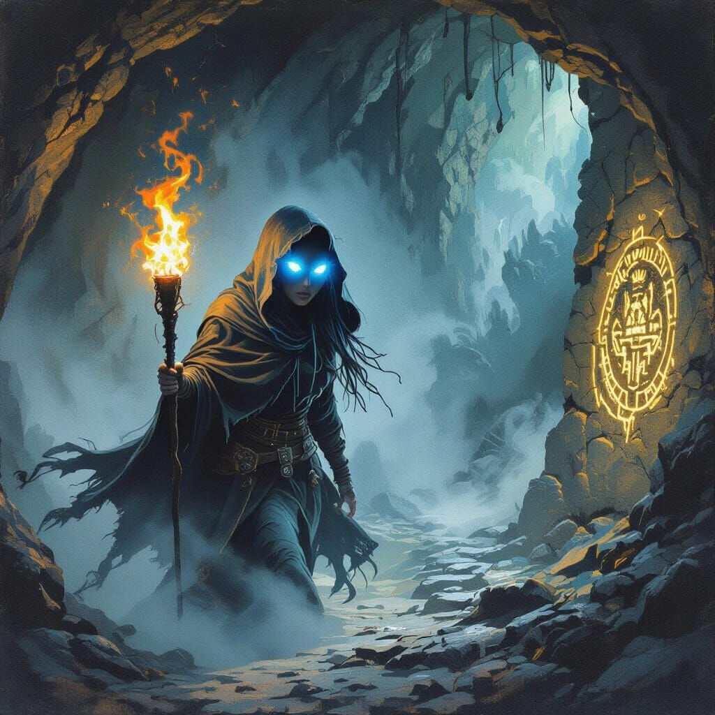 Mystical Cave Explorer in Oil Painting Style