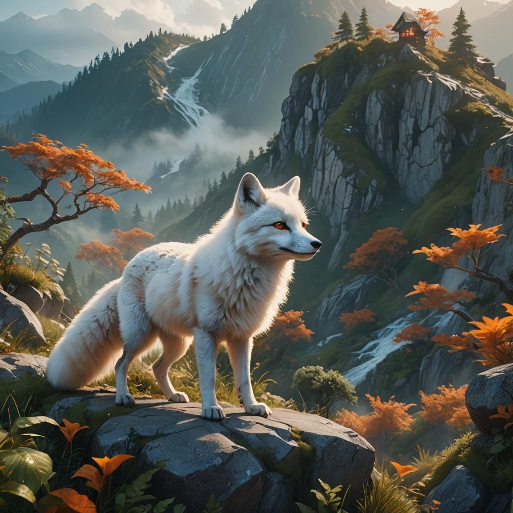 White Fox in Misty Mountain Landscape