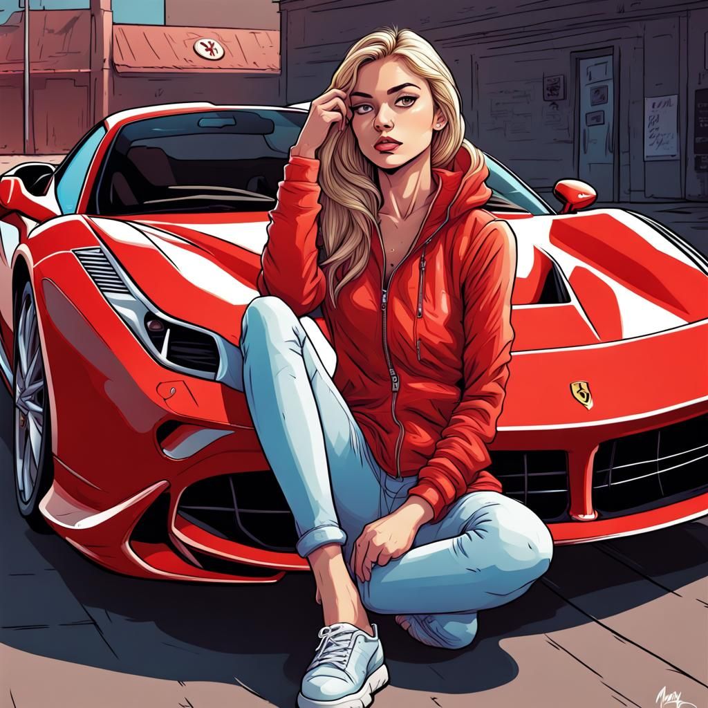 Girl on Ferrari: Cartoon Style Comic Art