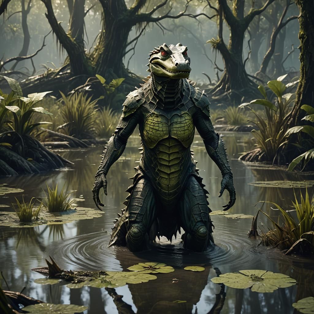 Humanoid Alligator Emerges from Swamp: Detailed Matte Painti...