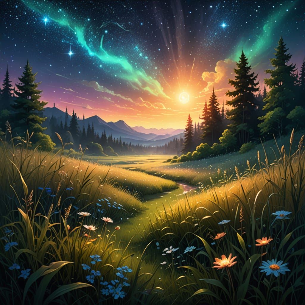 Magical Meadow Under Starry Sky in Fantasy Art Style