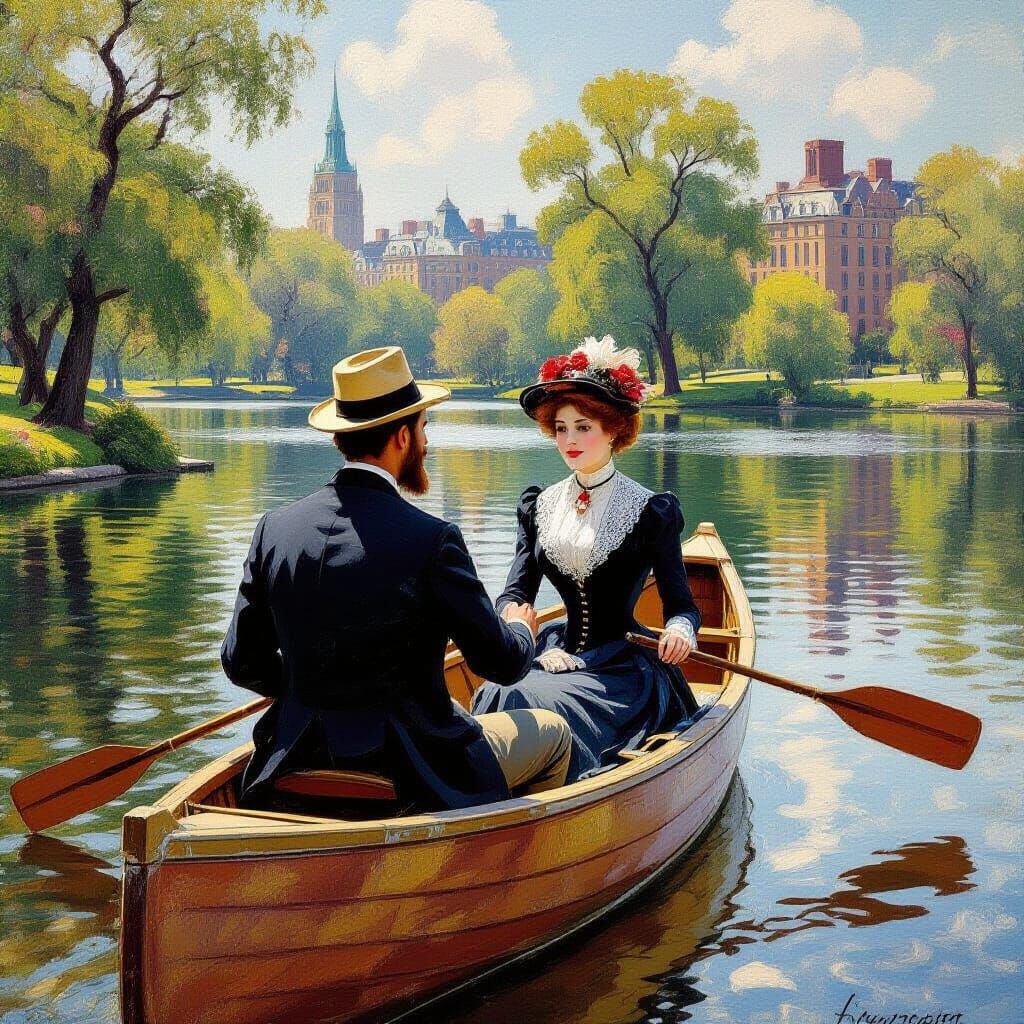 Impressionist Painting of Couple Canoeing in 1900s Park