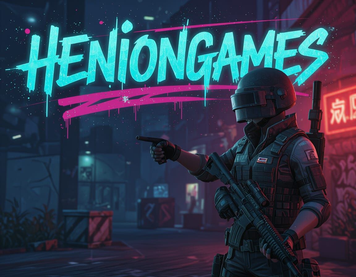 PUBG Character Points to Text in Dystopian Cityscape