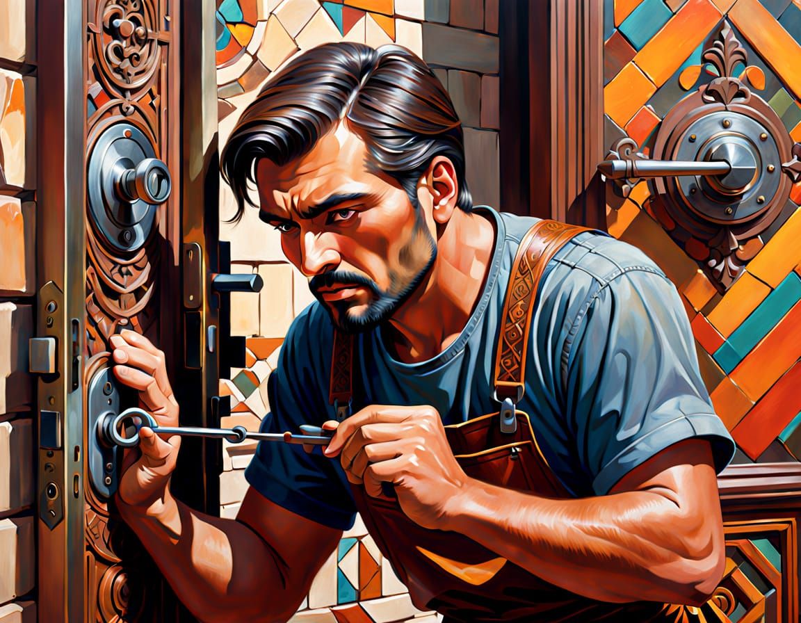 Cubist Oil Painting of a Locksmith in Muted Earth Tones
