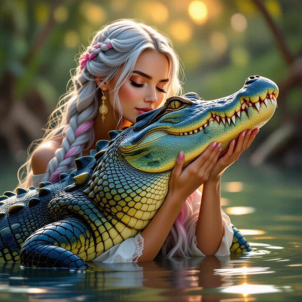 Boho Woman Gently Holds Crocodile Jaw in Surreal Digital Pai...