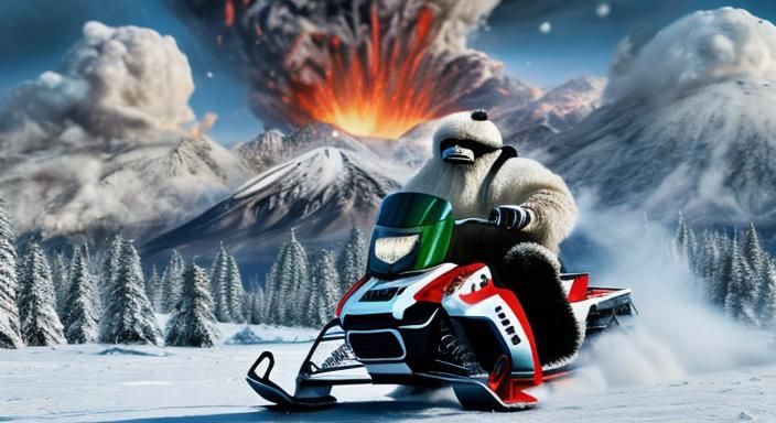 Abominable Snowman on Snowmobile with Volcano
