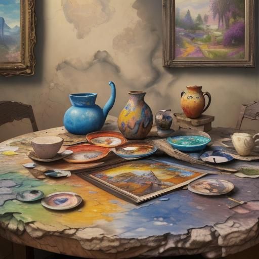 Wabi Sabi Pottery Table: A Surrealist Collage