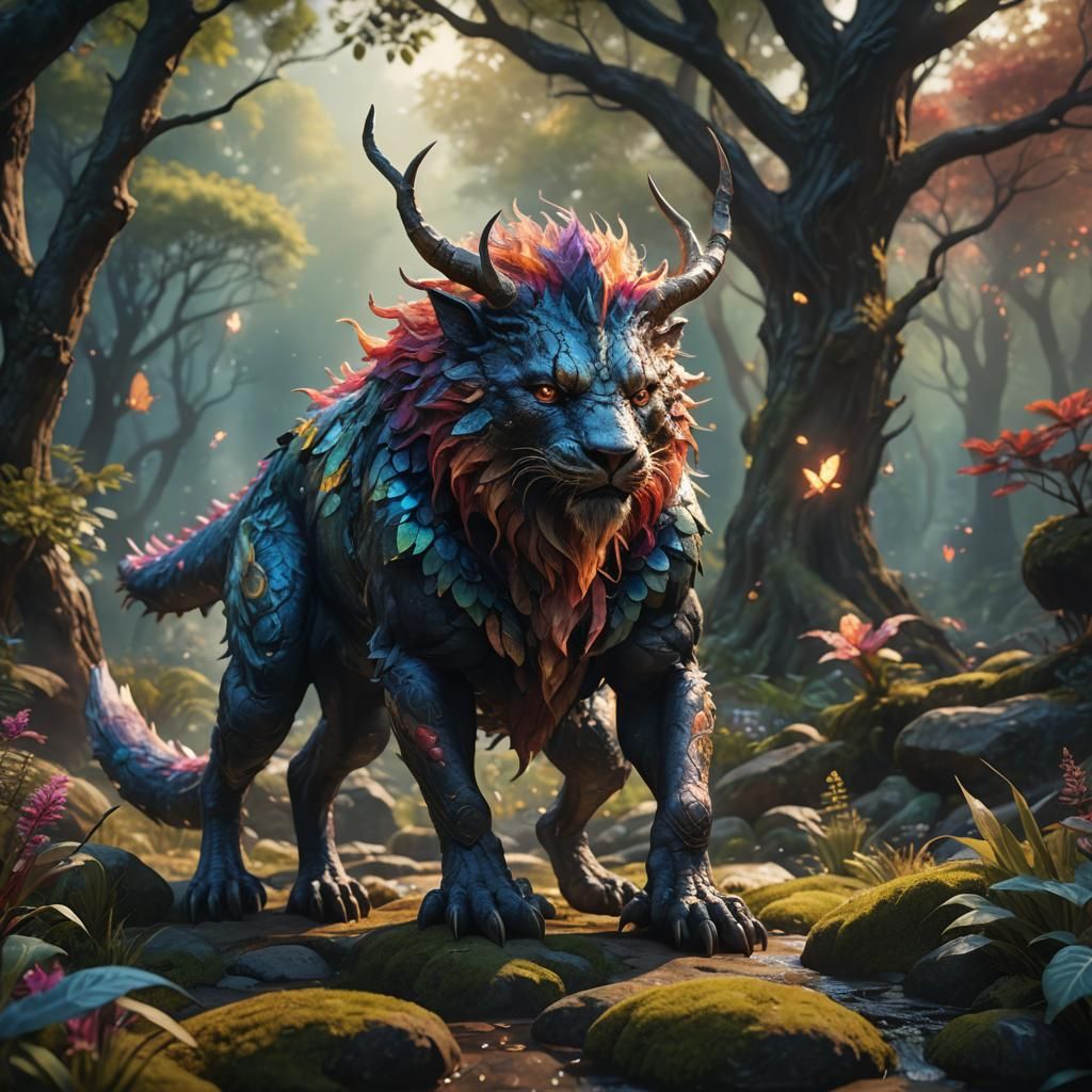 Mystical Fire Lion in a Fantasy Realm