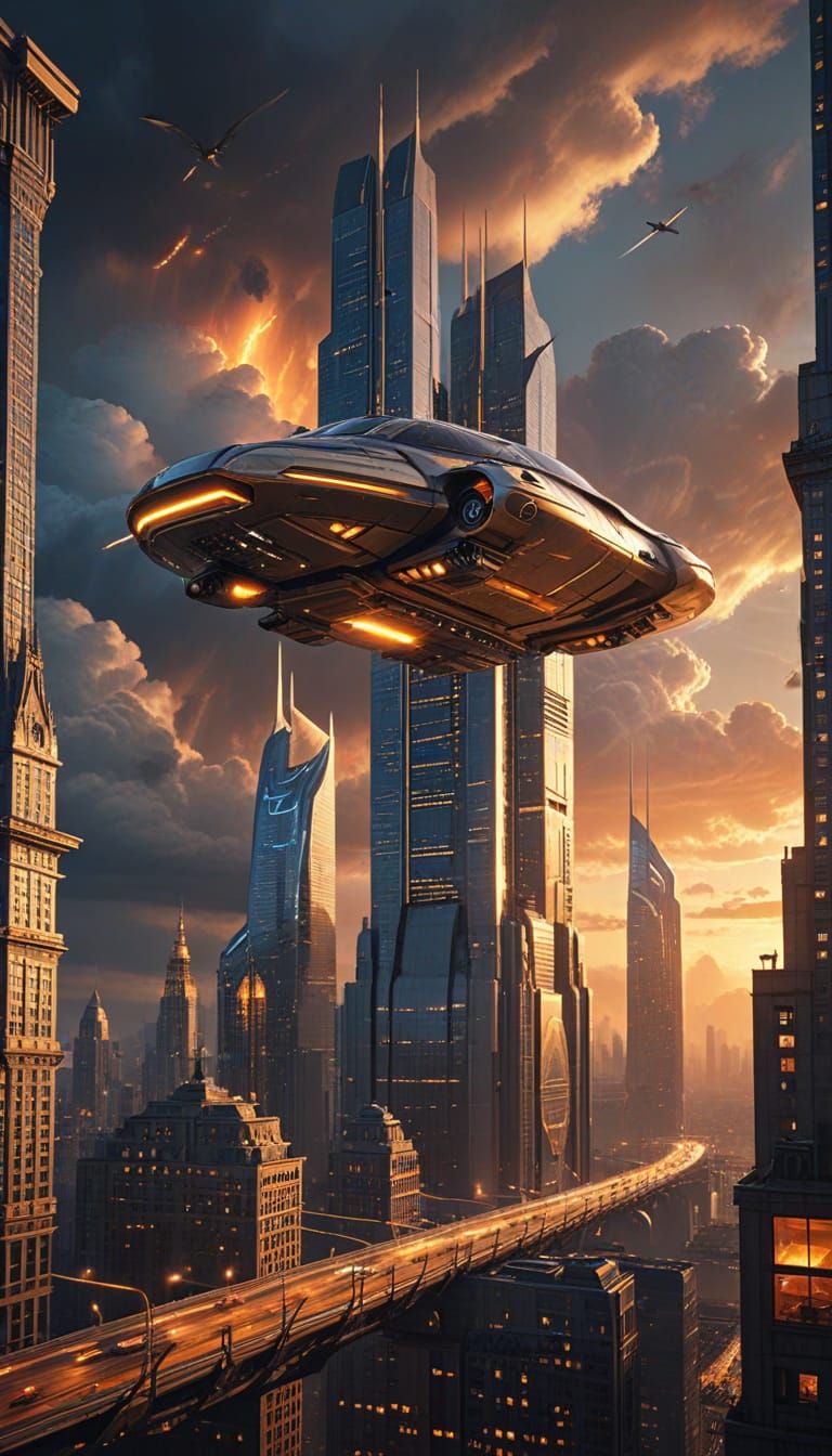 Futuristic Cityscape at Twilight with Magical Structures