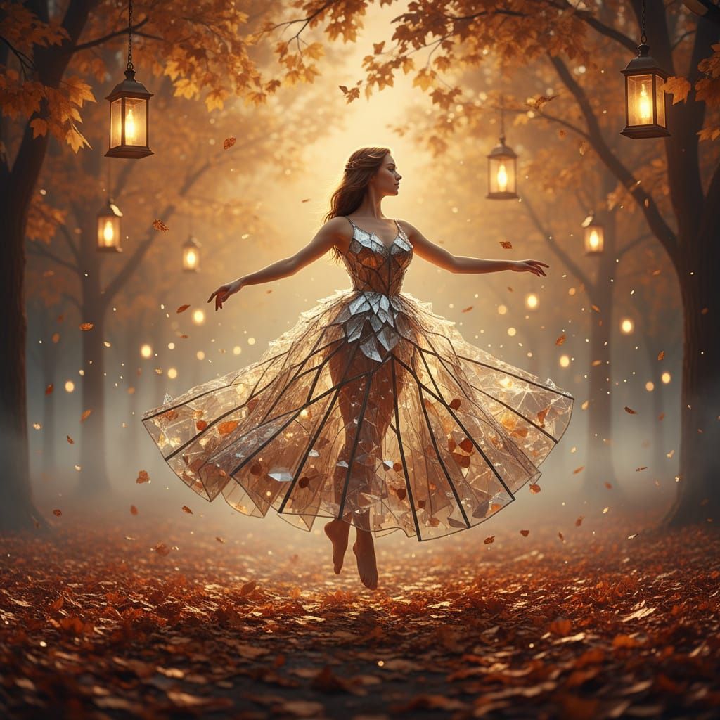 Woman in Shimmering Glass Gown Dancing in Autumn Park