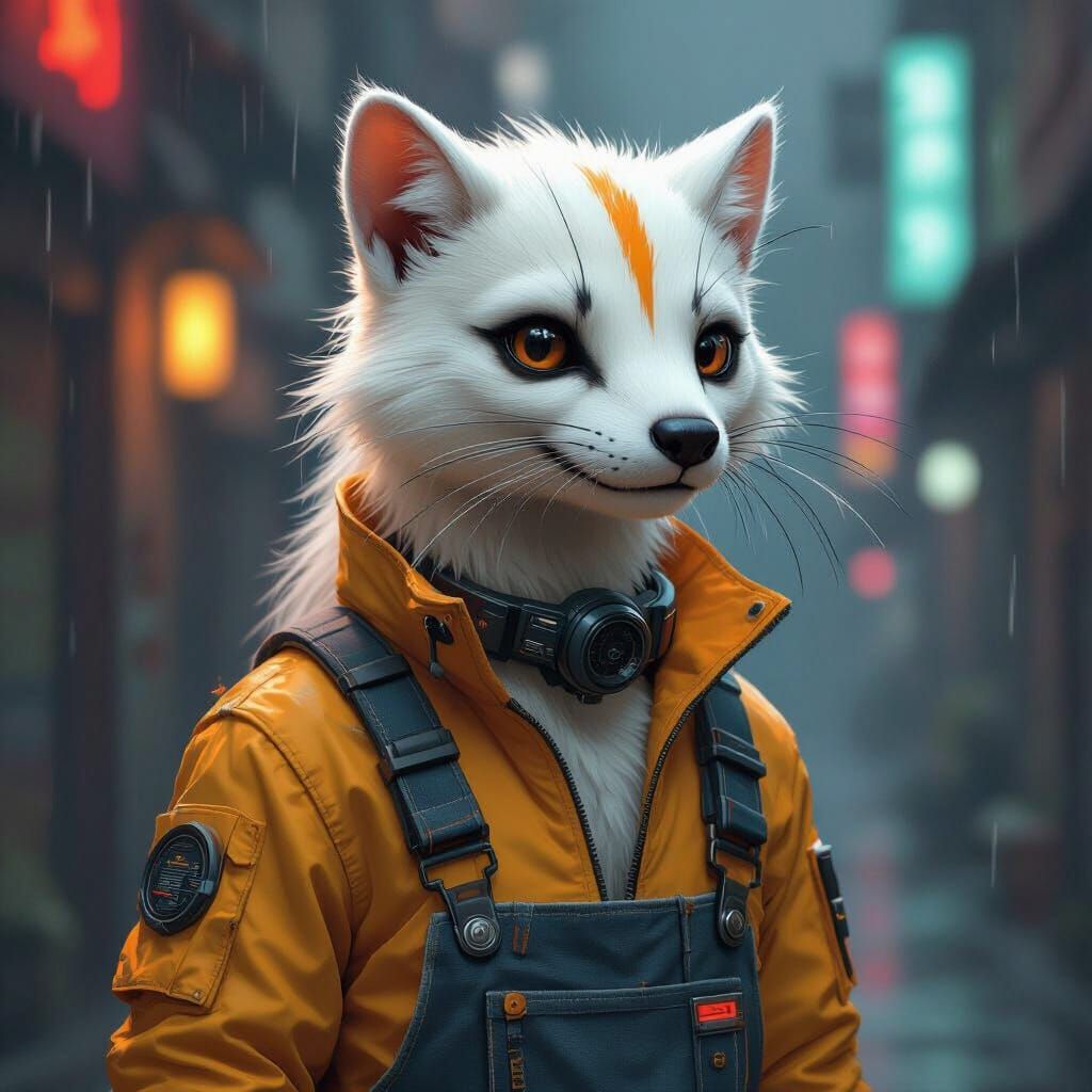 Cyberpunk Ermine Hybrid with Neon Lighting